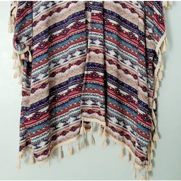 KISMET Light Boho Colorful Patterned Kimono Poncho Fringe Trim Southwestern OS - Picture 4 of 13